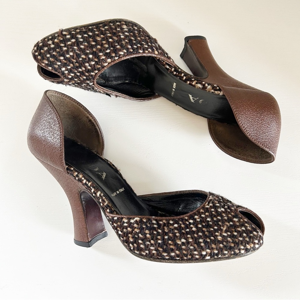 Prada Vintage Brown Tweed Peep Toe Heels Sculpted Heel Size EU 37.5 - Picture 4 of 10